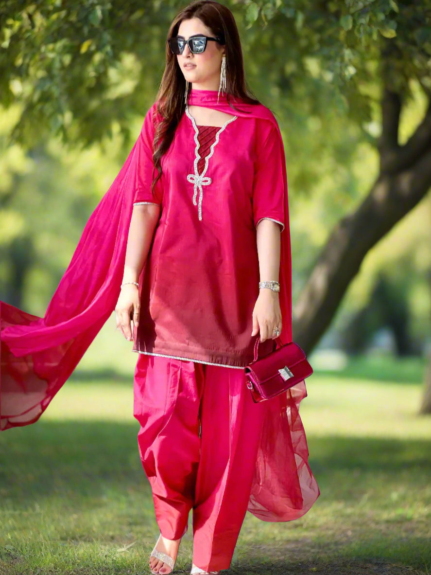Pink Shaded Farshi Shalwaar Dress with Embroidered Neckline and Dupatta (Stitched)