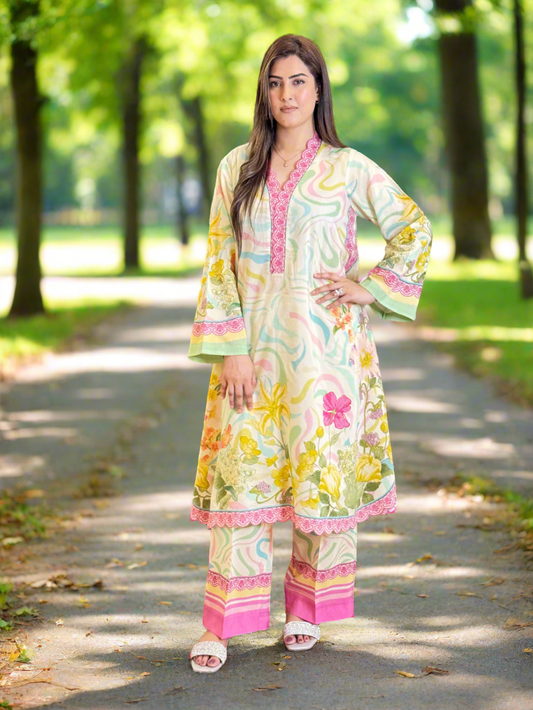 Off White Floral Shirt and Trouser (Unstitched)