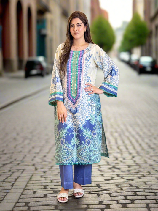 Blue White Long Shirt (Unstitched)