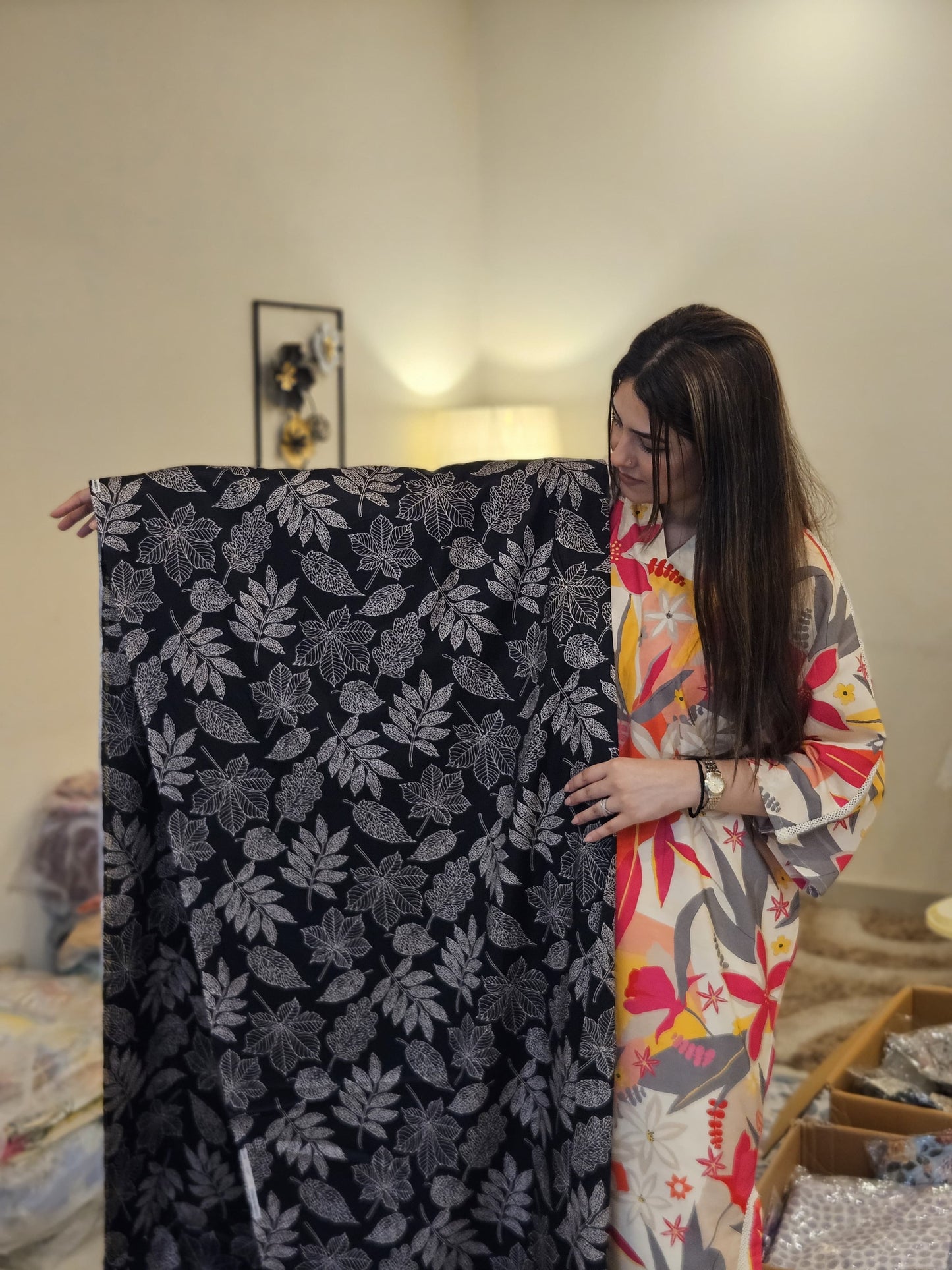 Black White Leaves Lawn 2 Piece (UNSTITCHED)