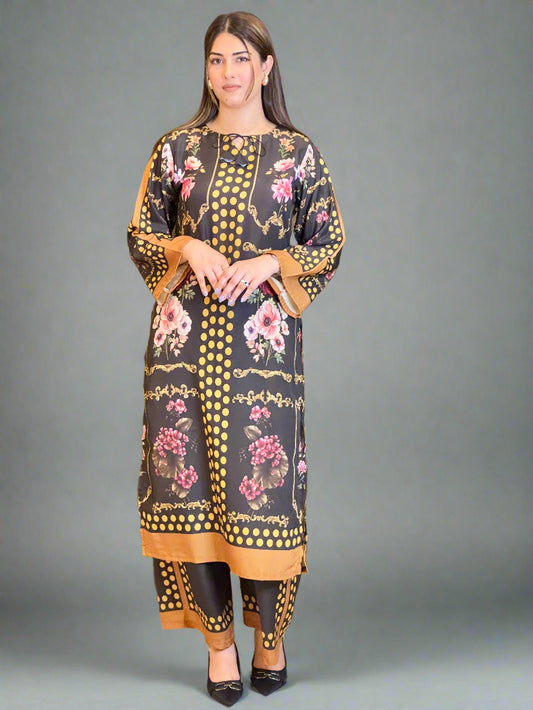 Black Brown Floral Dots 2 Piece (STITCHED)
