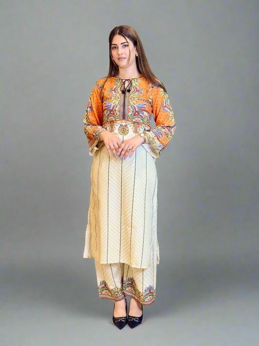 Off White Orange Long Shirt with Trouser (STITCHED)