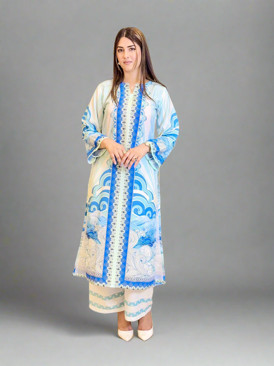 Blue White Long Shirt and Trouser (STITCHED)