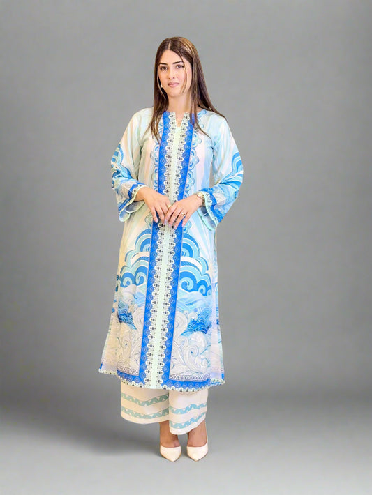 Blue White Long Shirt and Trouser (STITCHED)