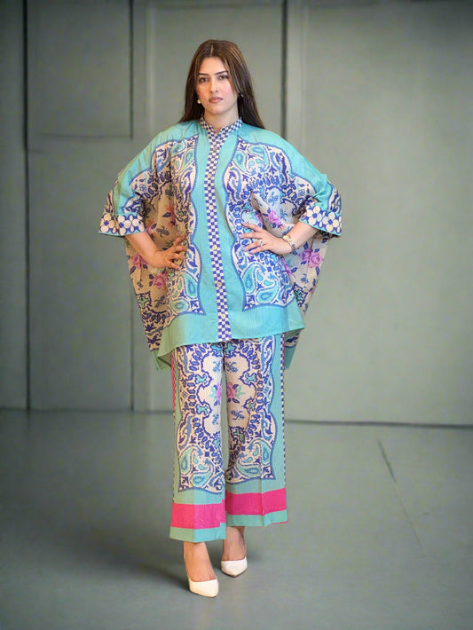 Sea Blue Co-ord Set (Unstitched)