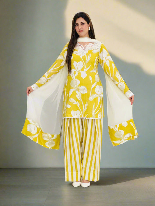 Yellow White Floral Farshi Shalwaar Dress (UNSTITCHED)