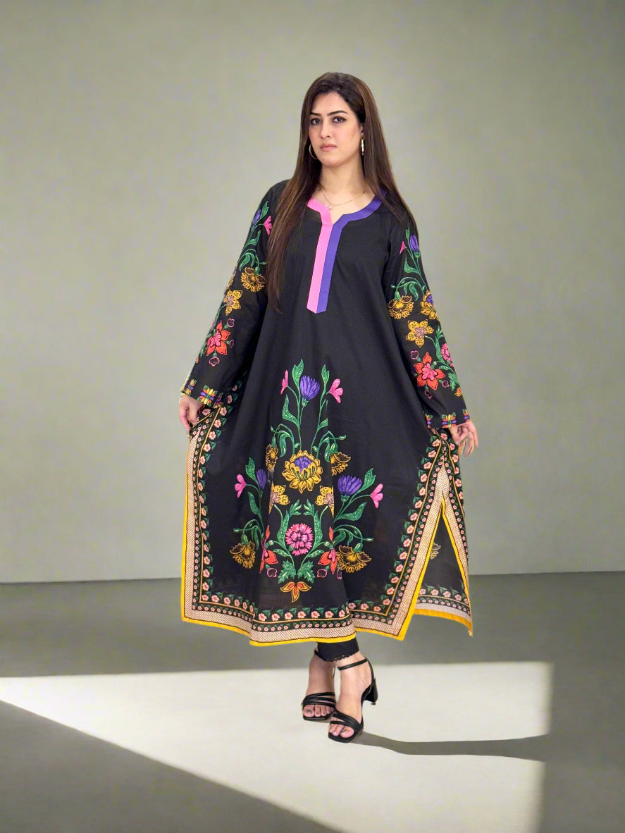 Black Pink Purple Floral Long Shirt (UNSTITCHED)