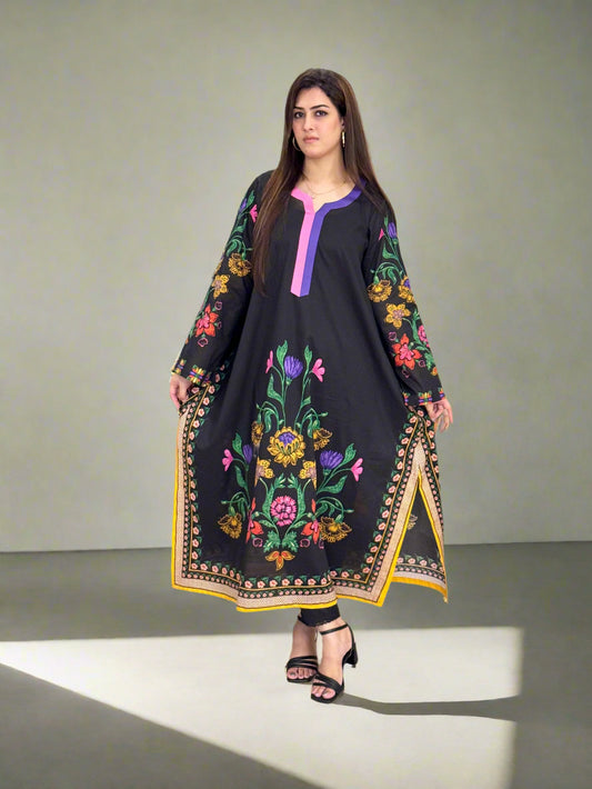 Black Pink Purple Floral Long Shirt (UNSTITCHED)