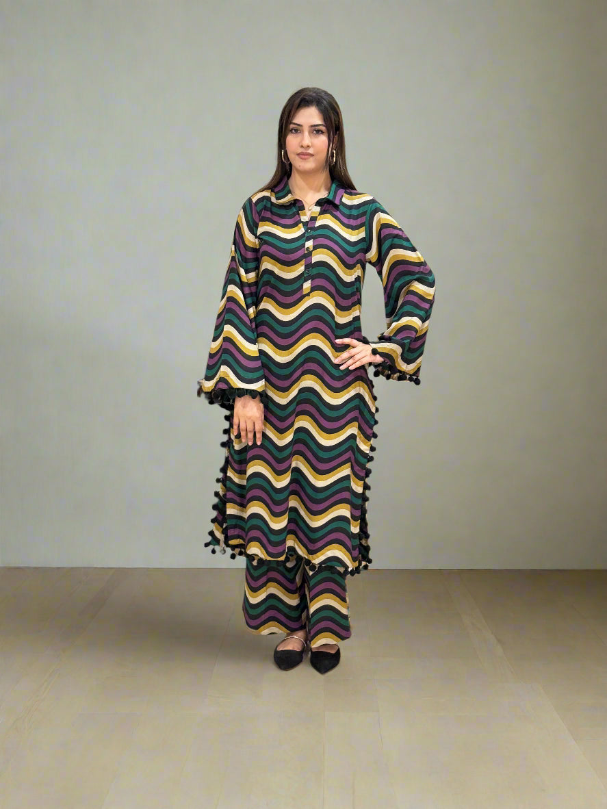 Wavy Green Black Purple Stripes 2 Piece Fabric (UNSTITCHED)