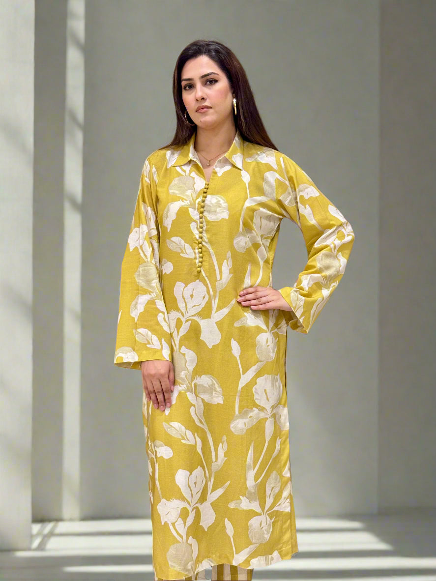 Mustard Floral Long Shirt with Stripes Trouser (STITCHED)