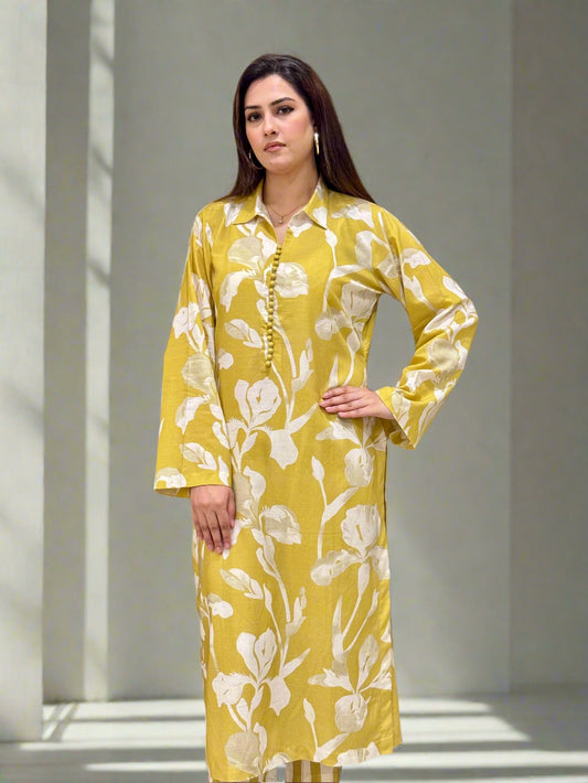 Mustard Floral Long Shirt with Stripes Trouser (STITCHED)
