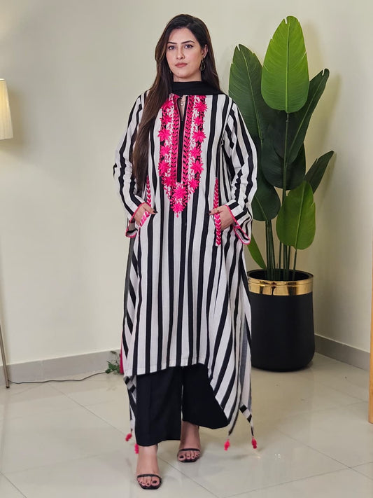 Black and White Stripes Embroidered 3 Piece Dress with Dupatta