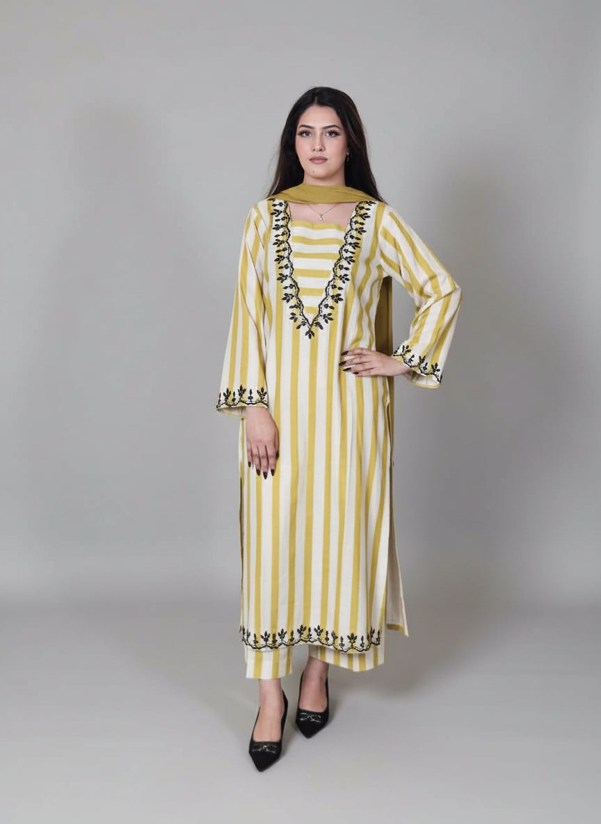 Yellow White Stripes Embroidered Long Shirt with Trouser (STITCHED)