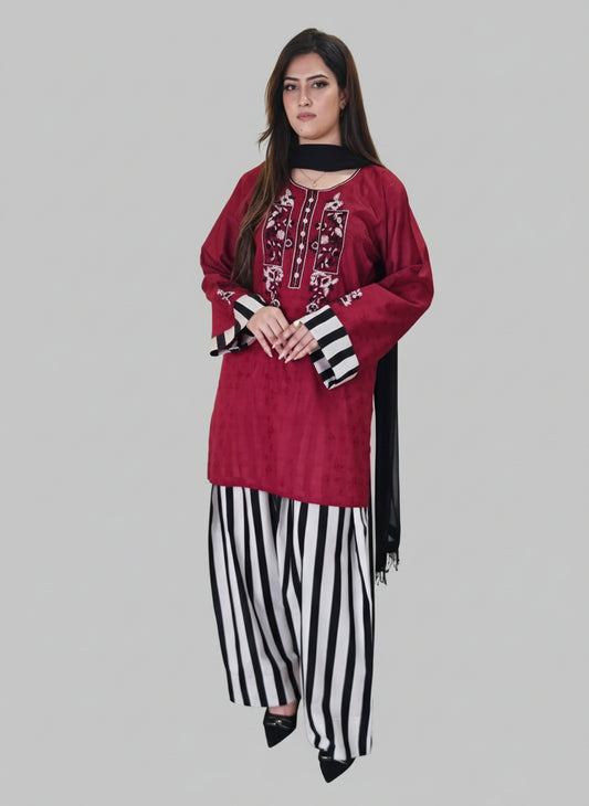 Maroon Embroidered Farshi Shalwaar and Shirt (STITCHED)