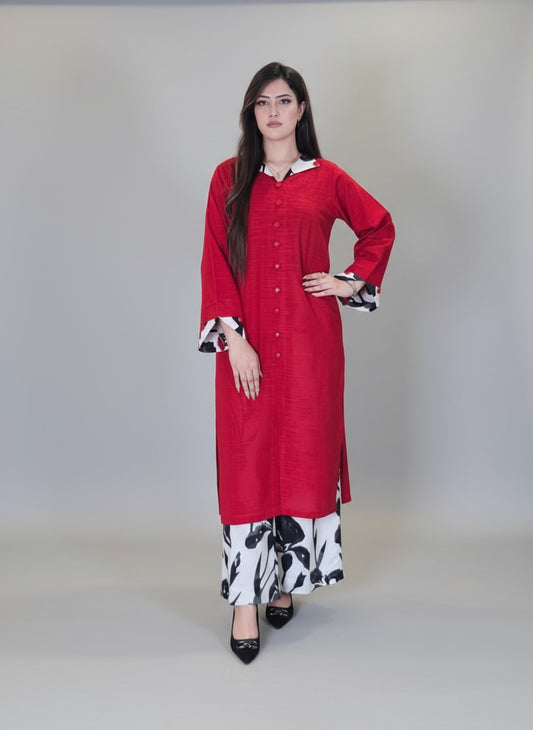 Red Black and White Collar Shirt with Trouser (STITCHED)