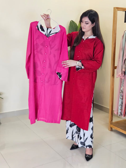 Pink Black and White Collar Shirt with Trouser (STITCHED)