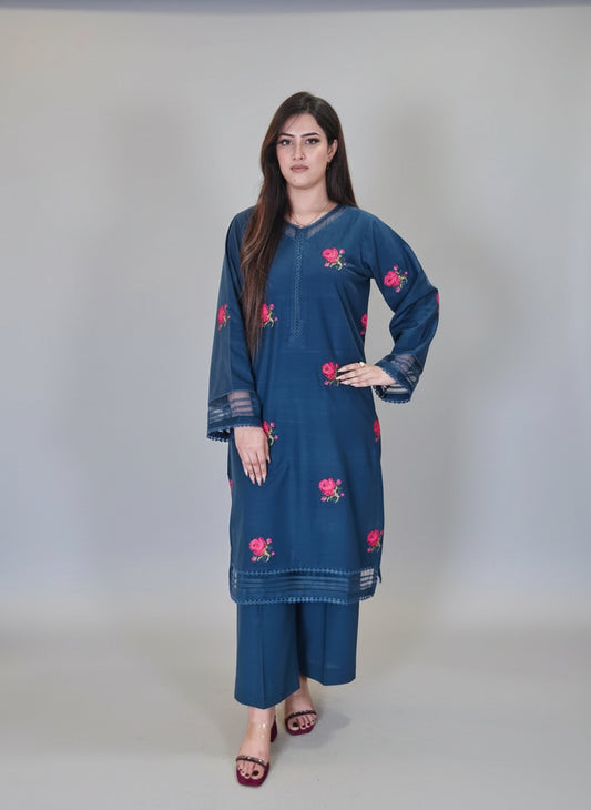 Blue Embroidered Shirt with Trouser (STITCHED)