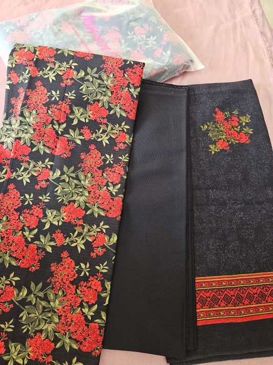 Black Red Green Shirt Trouser and Wool Shawl (UNSTITCHED)