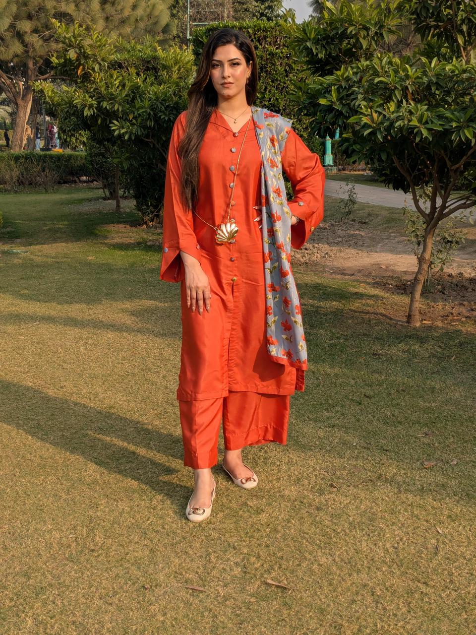 Orange Shirt Trouser with Blue Floral Dupatta (STITCHED)