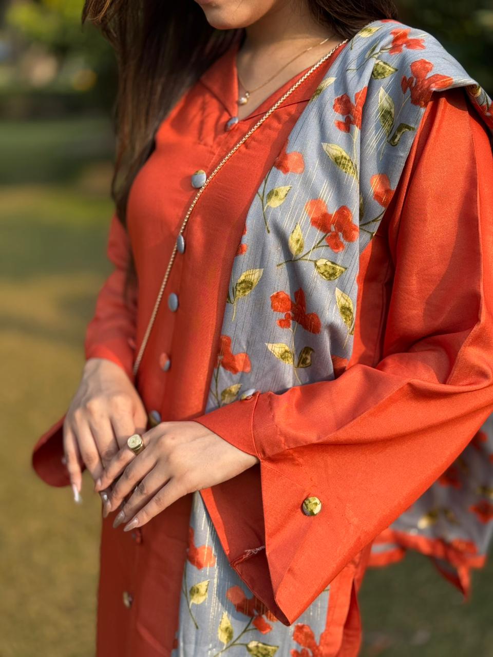 Orange Shirt Trouser with Blue Floral Dupatta (STITCHED)