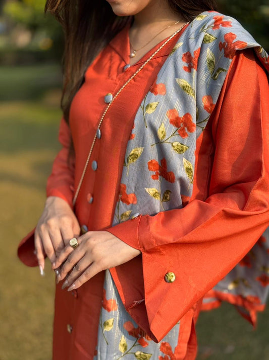Orange Shirt Trouser with Blue Floral Dupatta (STITCHED)