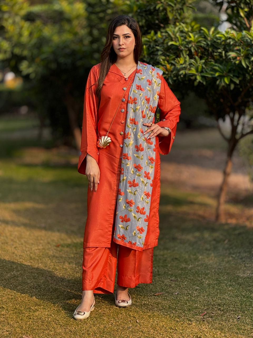 Orange Shirt Trouser with Blue Floral Dupatta (STITCHED)