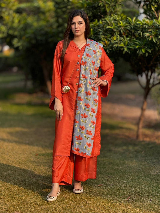Orange Shirt Trouser with Blue Floral Dupatta (STITCHED)