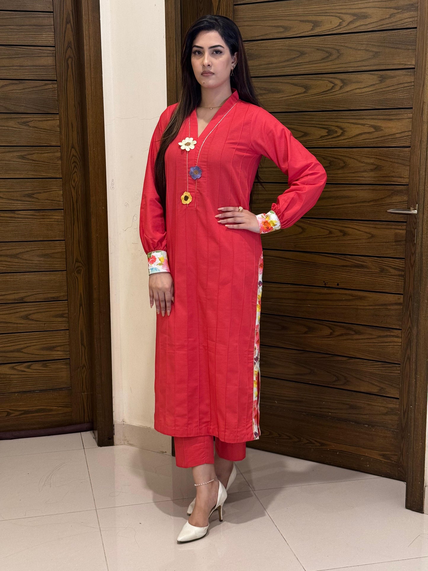 Peach 3D Flowers Plated Shirt and Trouser (STITCHED)