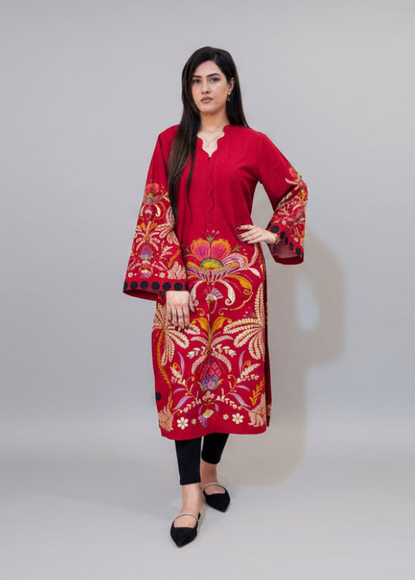 Red Wavy Neckline Long Shirt (UNSTITCHED)