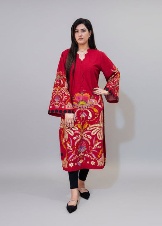 Red Wavy Neckline Long Shirt (UNSTITCHED)