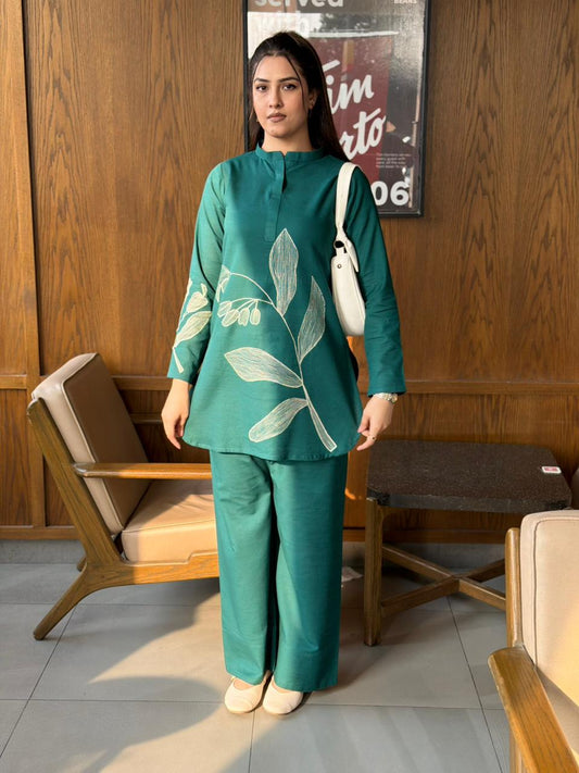 Green Embroidred Coffee Short Kurta and Trouser (STITCHED)