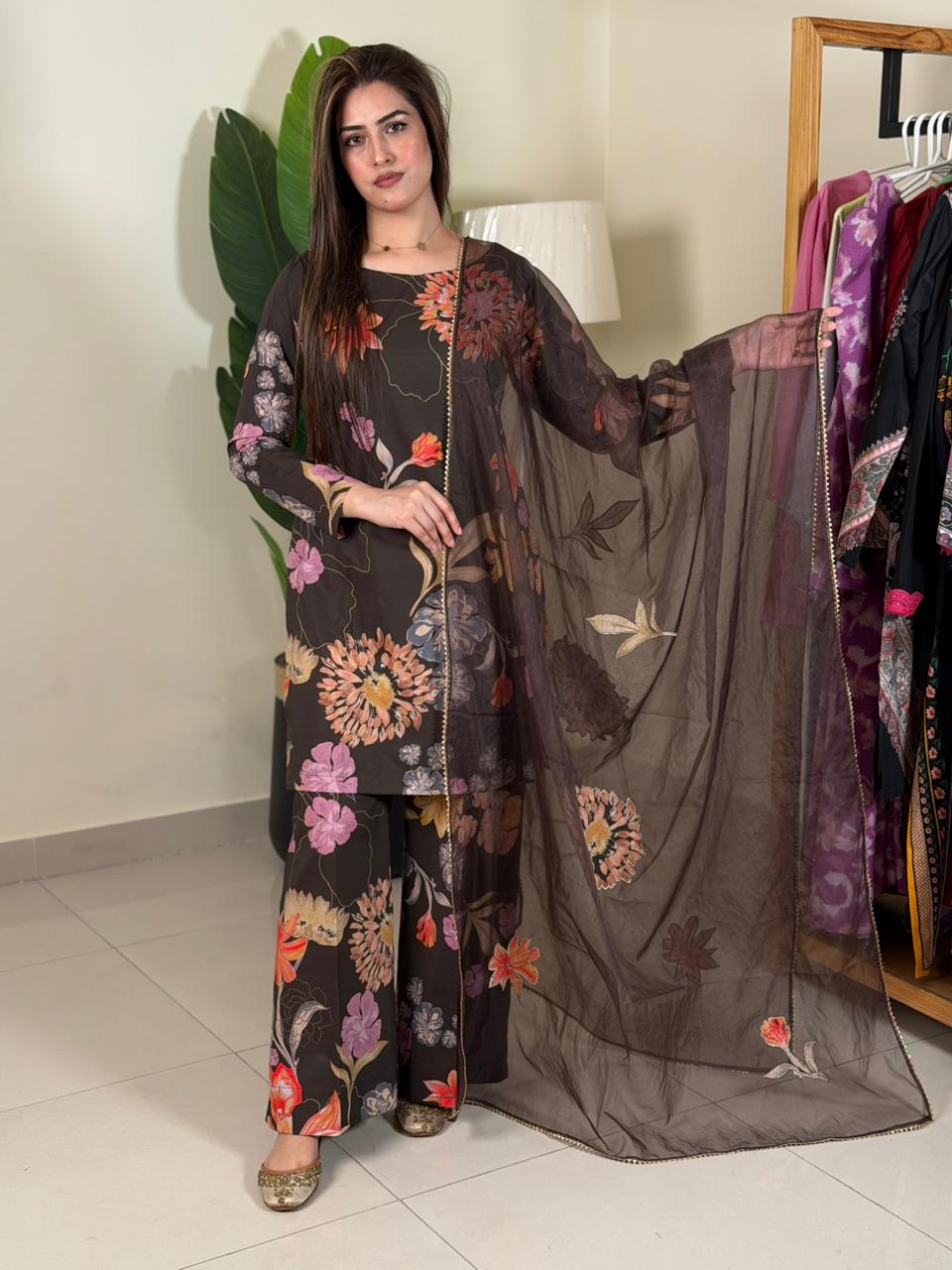 Brown Big Floral Shirt and Trouser (UNSTITCHED)