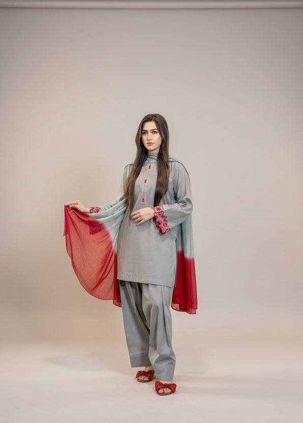 Grey Red Farshi Dress with Dyed Dupatta (STITCHED)