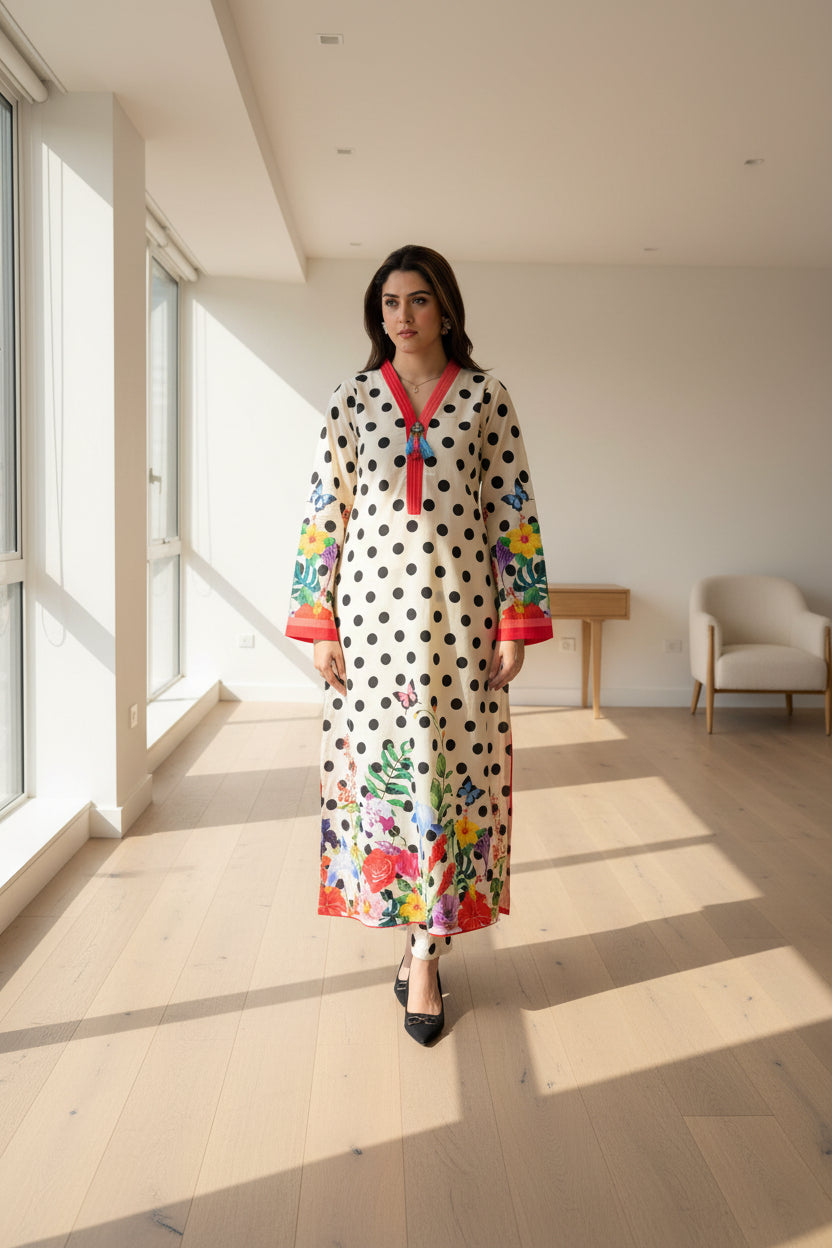Black Polka Dots Colorful Floral Long Shirt (UNSTITCHED)