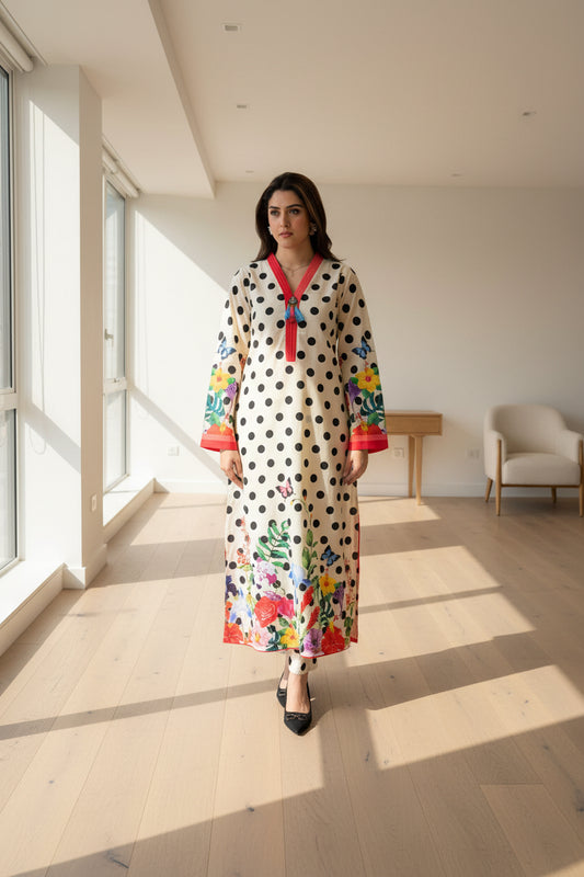 Black Polka Dots Colorful Floral Long Shirt (UNSTITCHED)