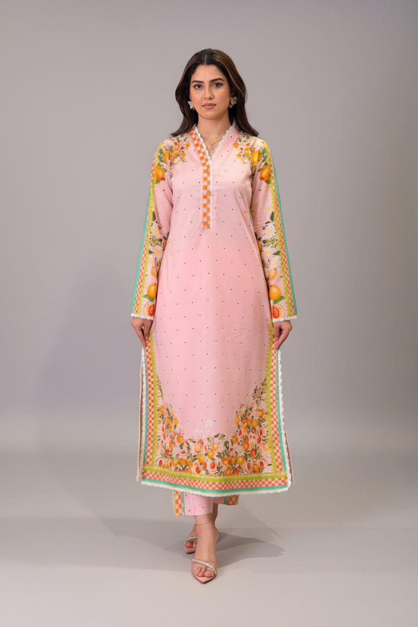 Peach Light Pink Long Shirt with Trosuer (STITCHED)