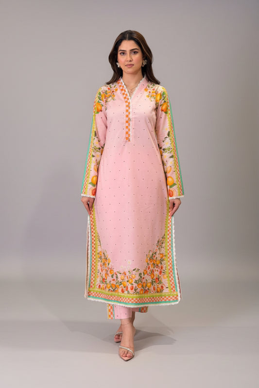 Peach  Light Pink Long Shirt (UNSTITCHED)
