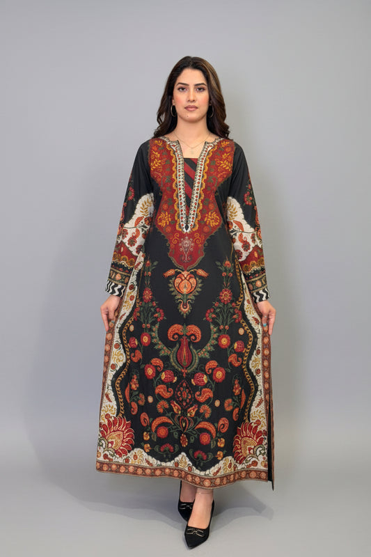 Black Orange Red Long Shirt/ Kaftan (UNSTITCHED)