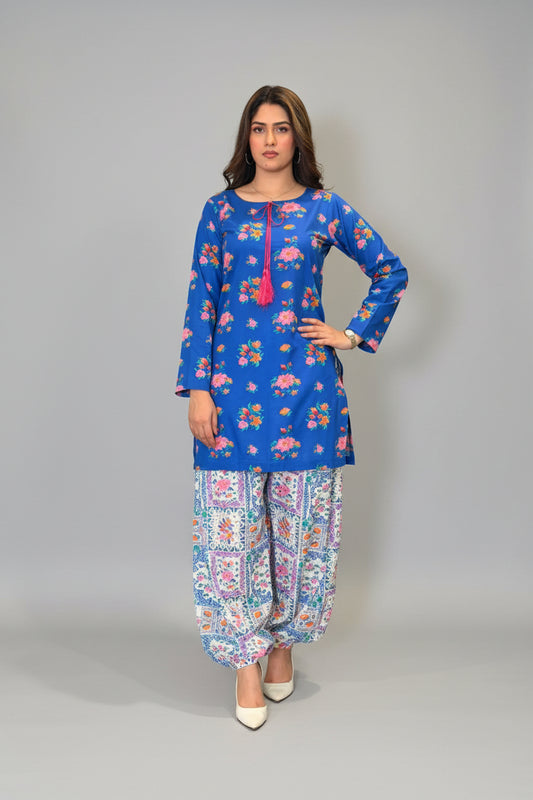 Blue Pink Flowers Shirt and Shalwaar (UNSTITCHED)