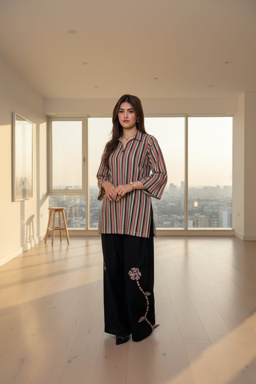 Green Pink Black Lines Shirt with Farshi Trouser (STITCHED)
