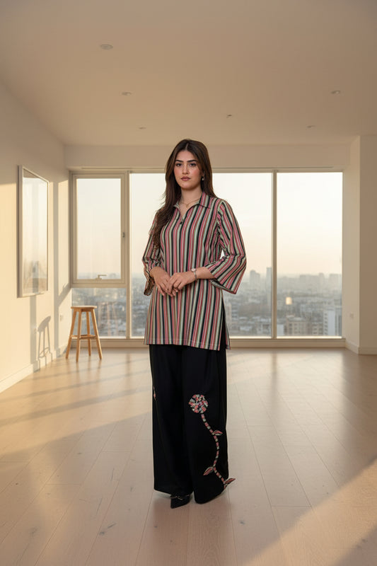 Green Pink Black Lines Shirt with Farshi Trouser (STITCHED)