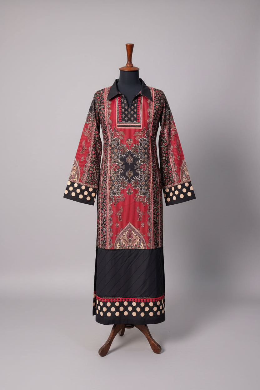 Red Black Polka Collar Long Shirt (STITCHED)