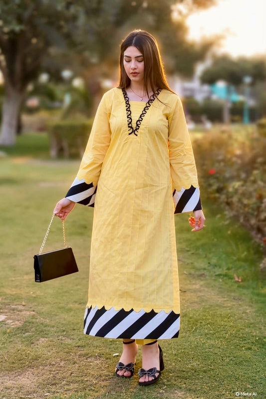 Yellow Plain Black White Stripes Long Shirt with Trouser (STITCHED)