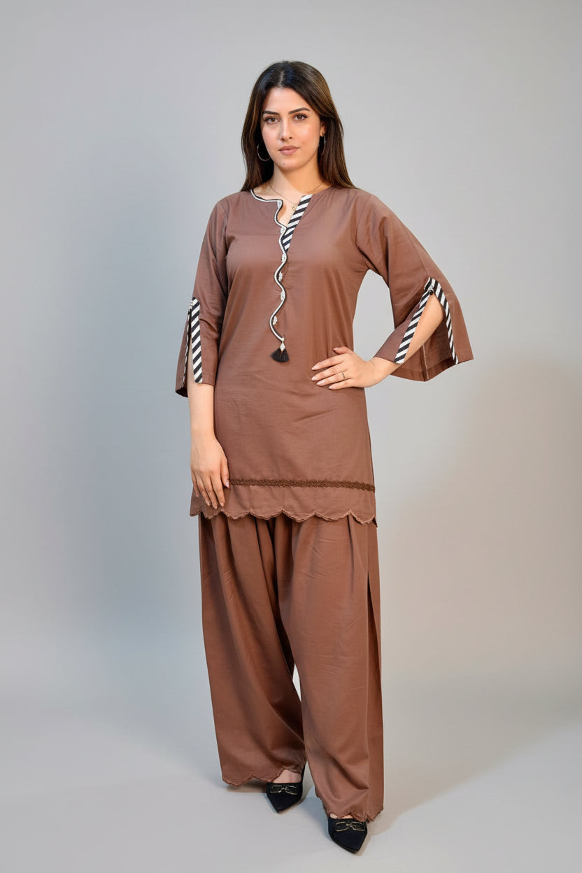 Brown Classic Farshi Shalwaar and Shirt (STITCHED)