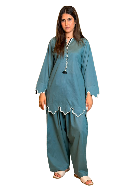 Teal Blue Farshi Shalwaar with Shirt (STITCHED)