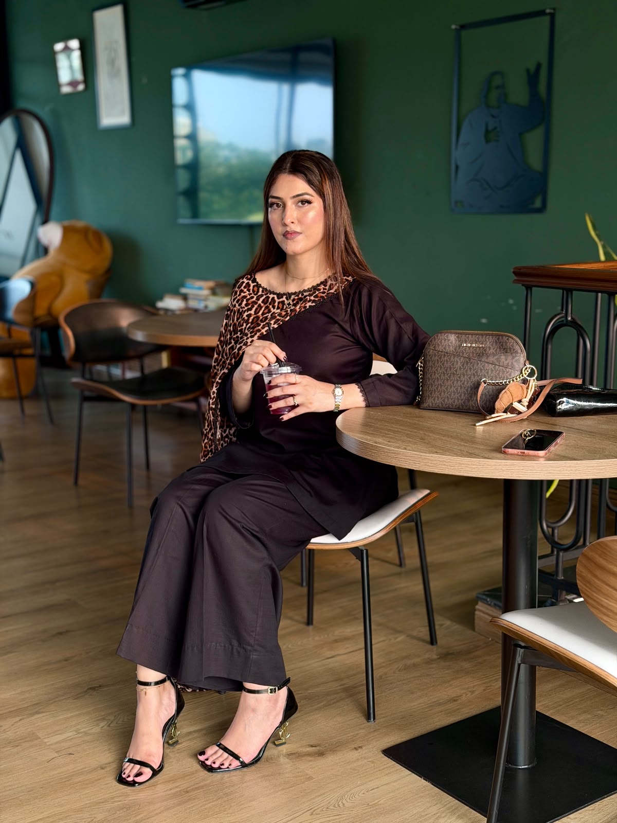 Leopard Black Luxe Shirt and Trouser with attached Dupatta (STITCHED)