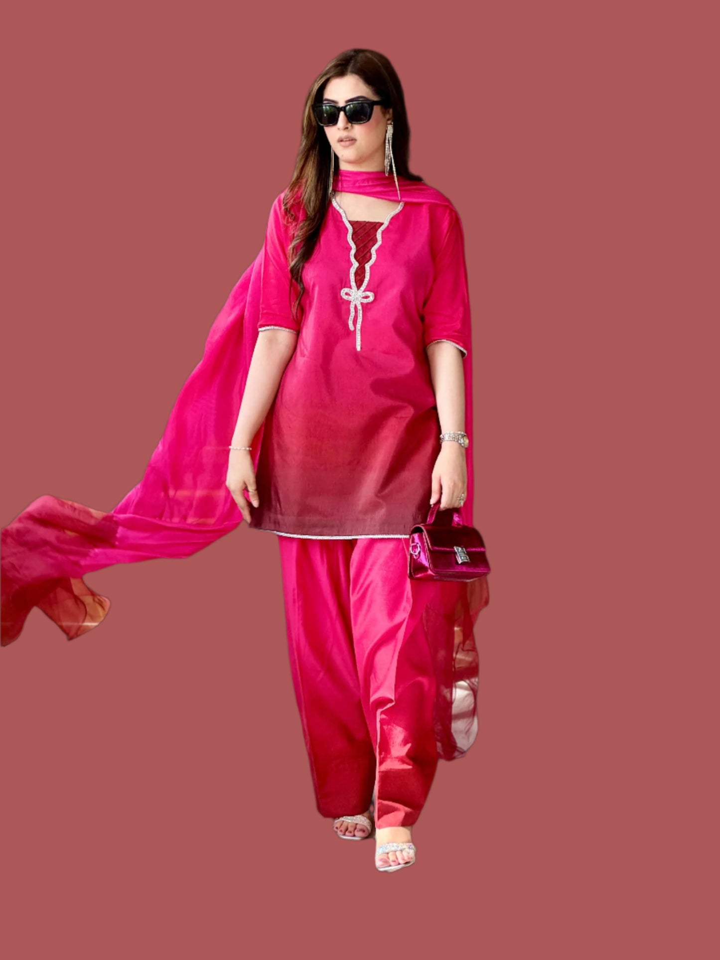 Pink Shaded Farshi Shalwaar Dress with Embroidered Neckline and Dupatta (Stitched)