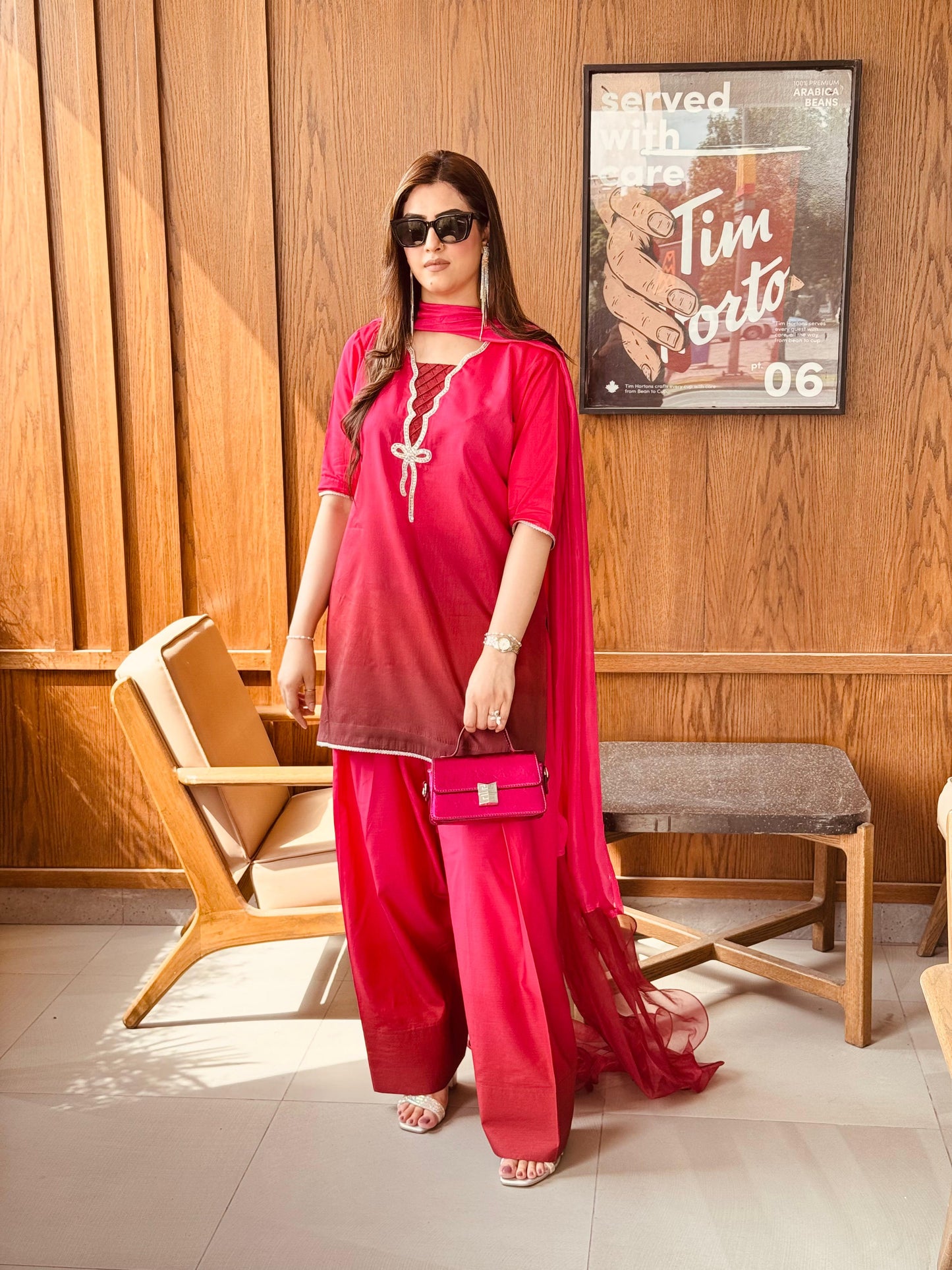 Pink Shaded Farshi Shalwaar Dress with Embroidered Neckline and Dupatta (Stitched)