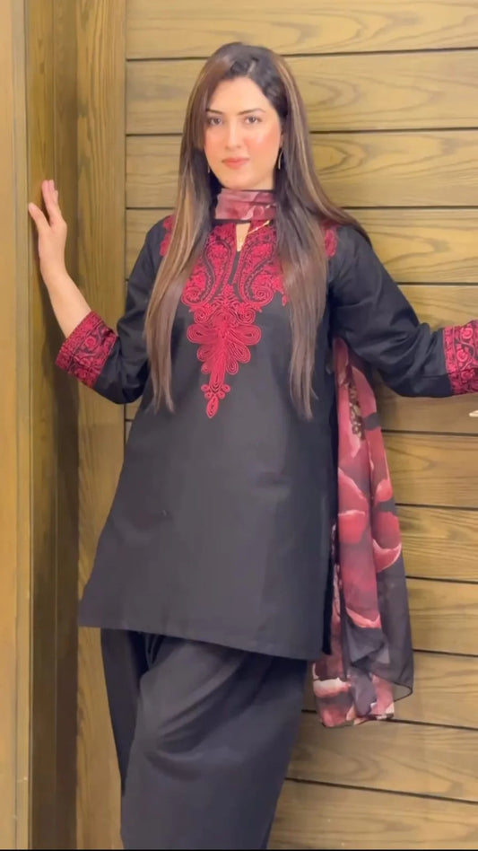 Black Red Embroidered 3 Piece (STITCHED)