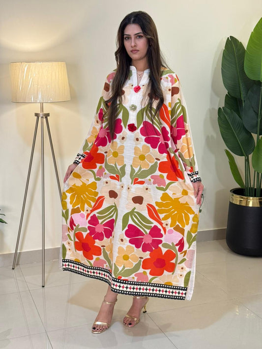 White Big Floral Long Shirt (UNSTITCHED)